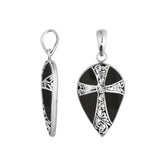 Sterling silver teardrop pendant with cross design and glossy black shell inlay – handcrafted Bali jewelry, a meaningful gift
